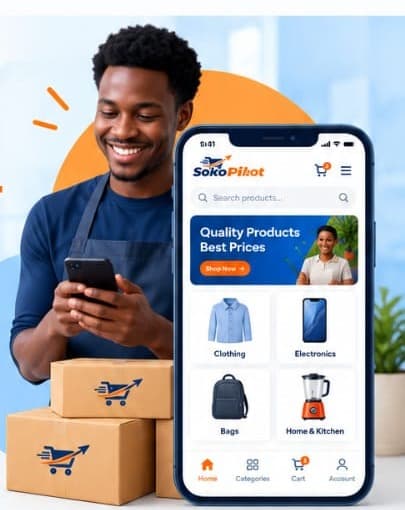 Shop owner with parcels, checking a SokoPilot shop on a phone